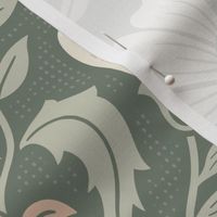 Welcoming vintage garden - arts and crafts style floral in monochrome greens and cream on rosemary green - extra large