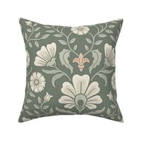 Welcoming vintage garden - arts and crafts style floral in monochrome greens and cream on rosemary green - extra large