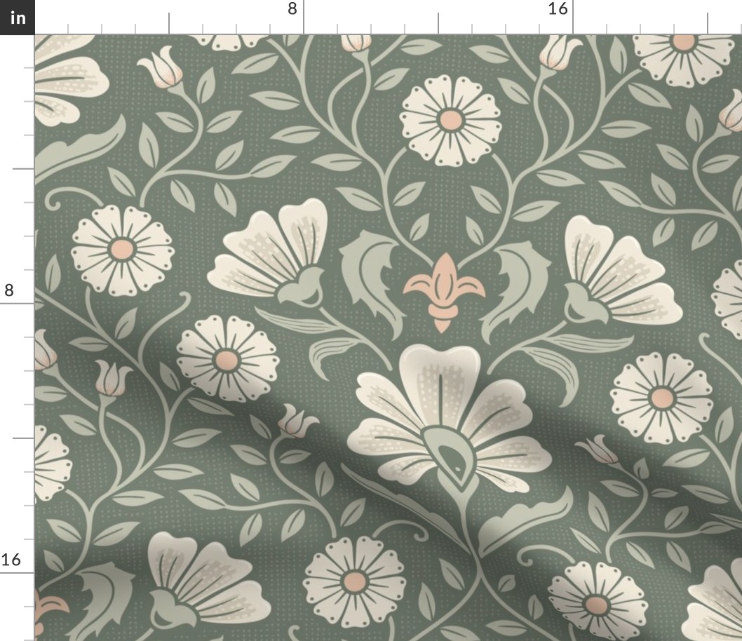 Welcoming vintage garden - arts and crafts style floral in monochrome greens and cream on rosemary green - extra large