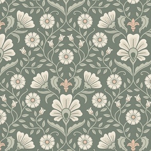 Welcoming vintage garden - arts and crafts style floral in monochrome greens and cream on rosemary green - large