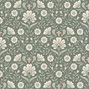 Welcoming vintage garden - arts and crafts style floral in monochrome greens and cream on rosemary green - medium