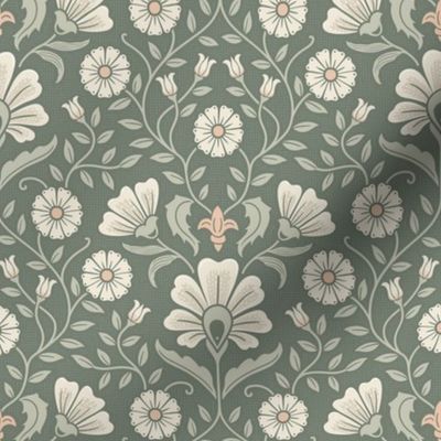 Welcoming vintage garden - arts and crafts style floral in monochrome greens and cream on rosemary green - small