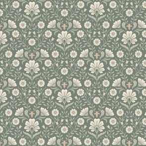 Welcoming vintage garden - arts and crafts style floral in monochrome greens and cream on rosemary green - small