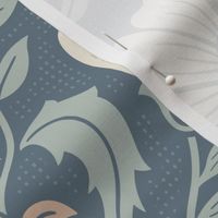 Welcoming vintage garden - arts and crafts style floral in monochrome dusty blue and cream on seal blue - extra large