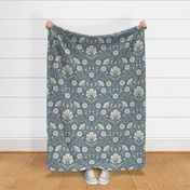 Welcoming vintage garden - arts and crafts style floral in monochrome dusty blue and cream on seal blue - extra large