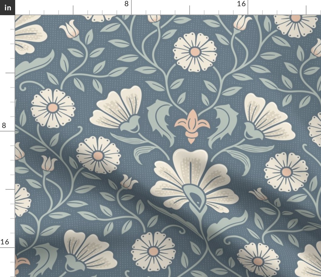 Welcoming vintage garden - arts and crafts style floral in monochrome dusty blue and cream on seal blue - extra large
