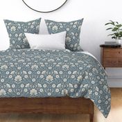 Welcoming vintage garden - arts and crafts style floral in monochrome dusty blue and cream on seal blue - large