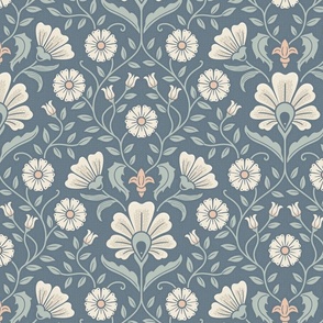 Welcoming vintage garden - arts and crafts style floral in monochrome dusty blue and cream on seal blue - large