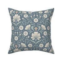 Welcoming vintage garden - arts and crafts style floral in monochrome dusty blue and cream on seal blue - medium