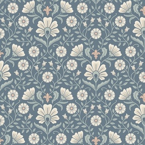 Welcoming vintage garden - arts and crafts style floral in monochrome dusty blue and cream on seal blue - medium
