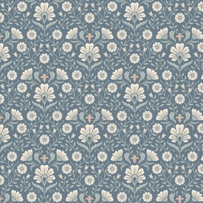 Welcoming vintage garden - arts and crafts style floral in monochrome dusty blue and cream on seal blue - small