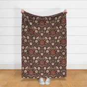 Welcoming vintage garden - arts and crafts style floral in rust, blush pink, cream, and olive green on burgundy, maroon - extra large