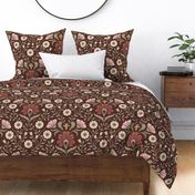 Welcoming vintage garden - arts and crafts style floral in rust, blush pink, cream, and olive green on burgundy, maroon - extra large