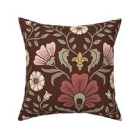 Welcoming vintage garden - arts and crafts style floral in rust, blush pink, cream, and olive green on burgundy, maroon - extra large