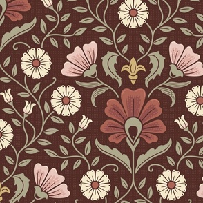 Welcoming vintage garden - arts and crafts style floral in rust, blush pink, cream, and olive green on burgundy, maroon - extra large
