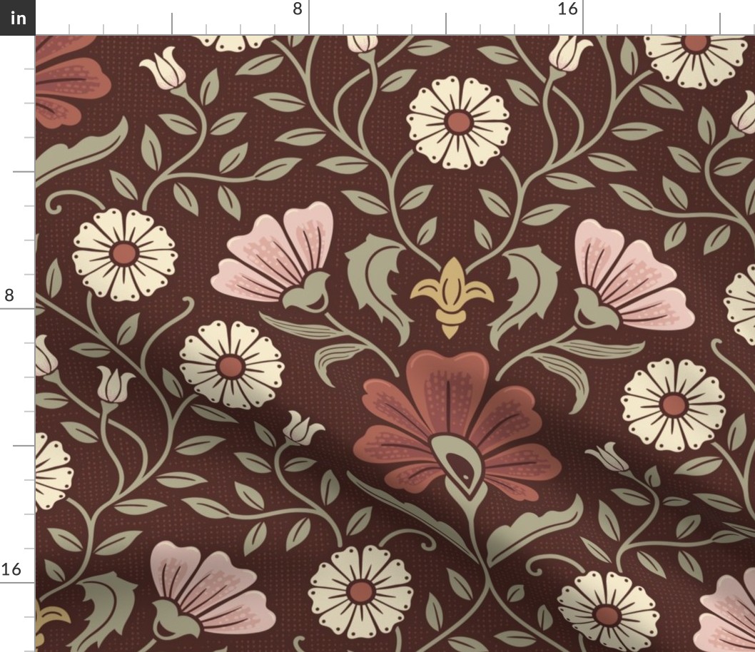 Welcoming vintage garden - arts and crafts style floral in rust, blush pink, cream, and olive green on burgundy, maroon - extra large