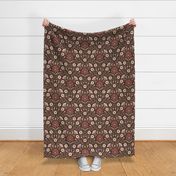Welcoming vintage garden - arts and crafts style floral in rust, blush pink, cream, and olive green on burgundy, maroon -  large