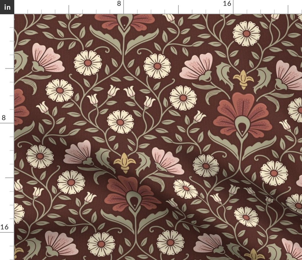 Welcoming vintage garden - arts and crafts style floral in rust, blush pink, cream, and olive green on burgundy, maroon -  large