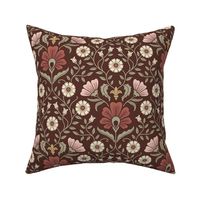 Welcoming vintage garden - arts and crafts style floral in rust, blush pink, cream, and olive green on burgundy, maroon - medium