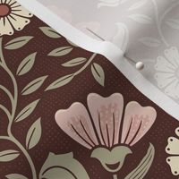 Welcoming vintage garden - arts and crafts style floral in rust, blush pink, cream, and olive green on burgundy, maroon - medium