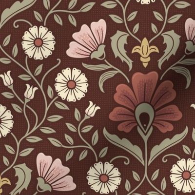 Welcoming vintage garden - arts and crafts style floral in rust, blush pink, cream, and olive green on burgundy, maroon - medium