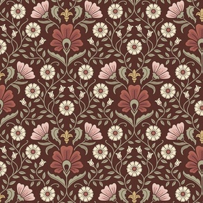 Welcoming vintage garden - arts and crafts style floral in rust, blush pink, cream, and olive green on burgundy, maroon - medium