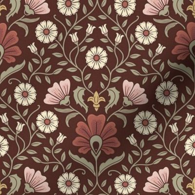 Welcoming vintage garden - arts and crafts style floral in rust, blush pink, cream, and olive green on burgundy, maroon - small