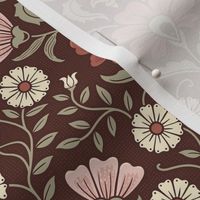 Welcoming vintage garden - arts and crafts style floral in rust, blush pink, cream, and olive green on burgundy, maroon - small