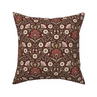 Welcoming vintage garden - arts and crafts style floral in rust, blush pink, cream, and olive green on burgundy, maroon - small