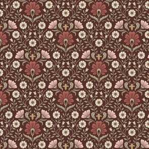 Welcoming vintage garden - arts and crafts style floral in rust, blush pink, cream, and olive green on burgundy, maroon - small