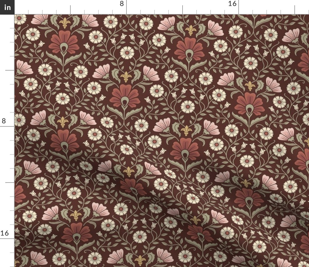 Welcoming vintage garden - arts and crafts style floral in rust, blush pink, cream, and olive green on burgundy, maroon - small