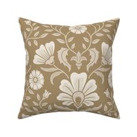 Welcoming vintage garden - arts and crafts style floral in warm neutral monochrome cream, beige on golden tan - extra large
