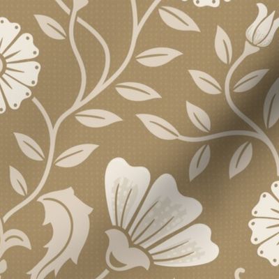 Welcoming vintage garden - arts and crafts style floral in warm neutral monochrome cream, beige on golden tan - extra large