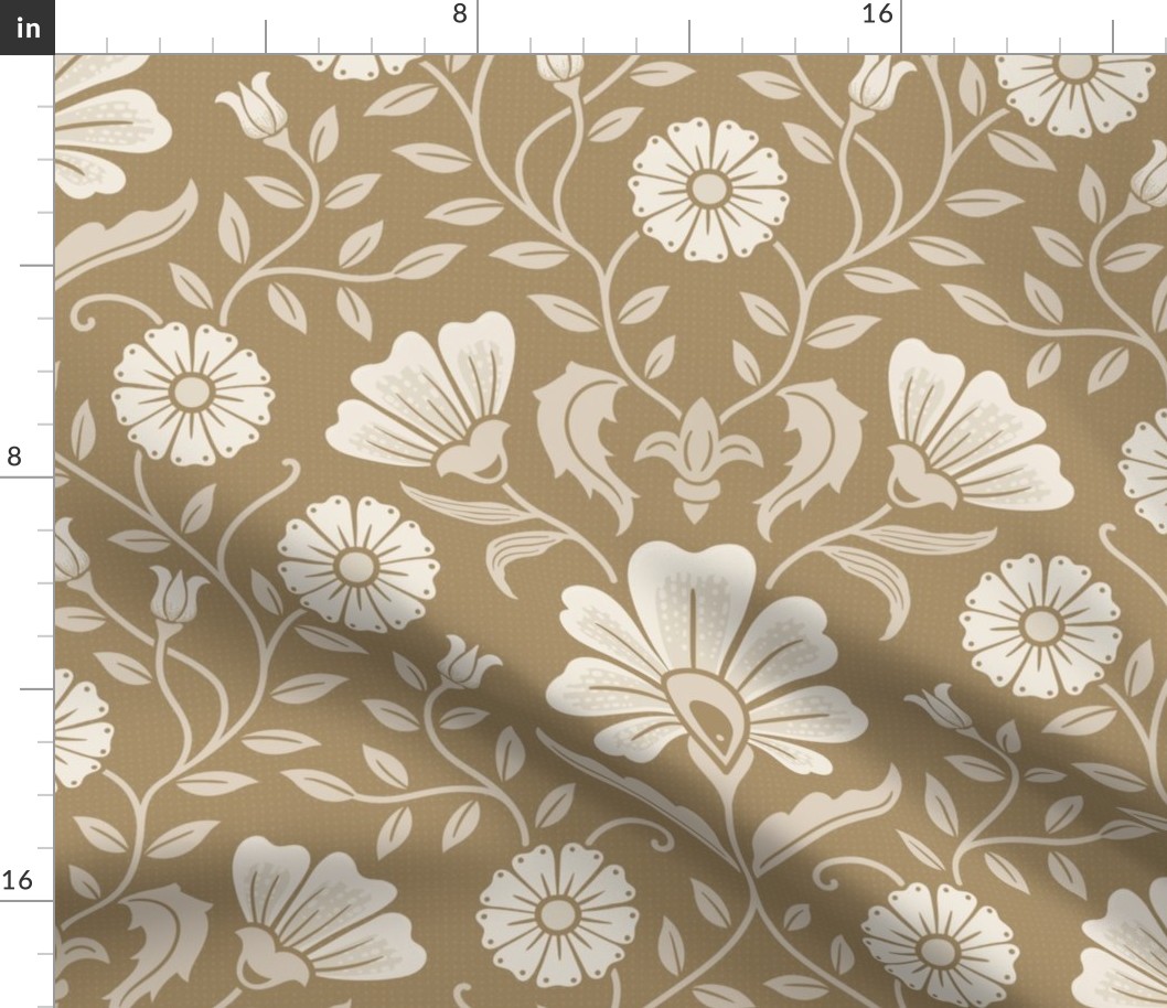 Welcoming vintage garden - arts and crafts style floral in warm neutral monochrome cream, beige on golden tan - extra large