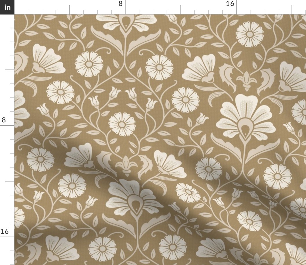Welcoming vintage garden - arts and crafts style floral in warm neutral monochrome cream, beige on golden tan - large