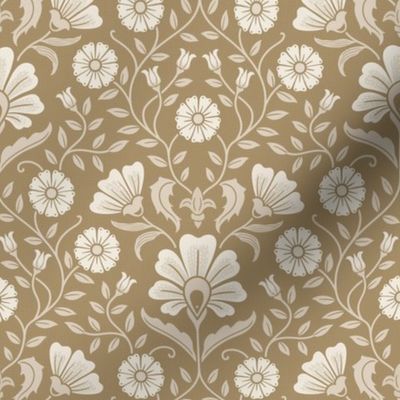 Welcoming vintage garden - arts and crafts style floral in warm neutral monochrome cream, beige on golden tan - small