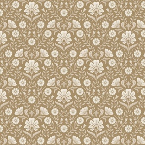 Welcoming vintage garden - arts and crafts style floral in warm neutral monochrome cream, beige on golden tan - small