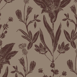 Prairie Lily Block Print Inspired in Molasses Brown & Morel // Large Scale 