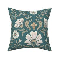 Welcoming vintage garden - arts and crafts style floral in cream, dusty peach and buff on marsh teal - extra large