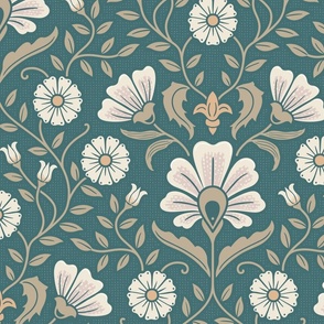 Welcoming vintage garden - arts and crafts style floral in cream, dusty peach and buff on marsh teal - extra large