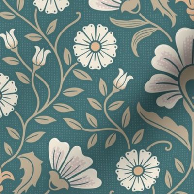 Welcoming vintage garden - arts and crafts style floral in cream, dusty peach and buff on marsh teal - large