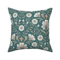 Welcoming vintage garden - arts and crafts style floral in cream, dusty peach and buff on marsh teal - large