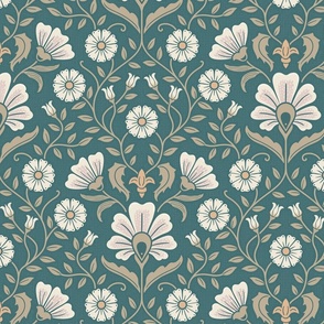 Welcoming vintage garden - arts and crafts style floral in cream, dusty peach and buff on marsh teal - large