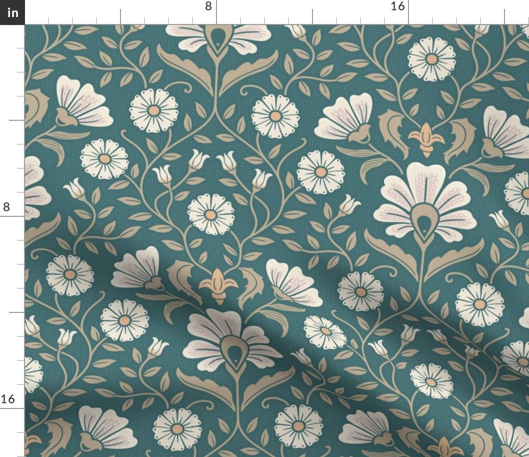 Welcoming vintage garden - arts and crafts style floral in cream, dusty peach and buff on marsh teal - large