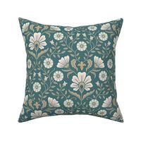 Welcoming vintage garden - arts and crafts style floral in cream, dusty peach and buff on marsh teal medium