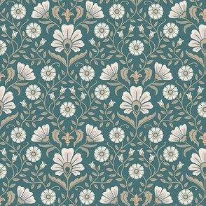Welcoming vintage garden - arts and crafts style floral in cream, dusty peach and buff on marsh teal medium
