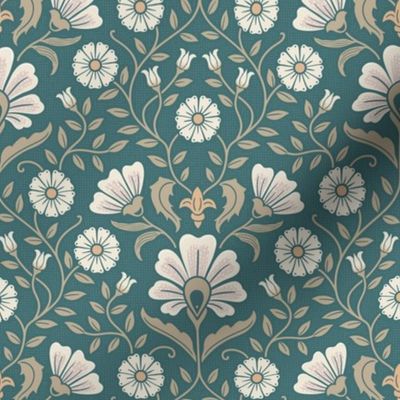 Welcoming vintage garden - arts and crafts style floral in cream, dusty peach and buff on marsh teal - small