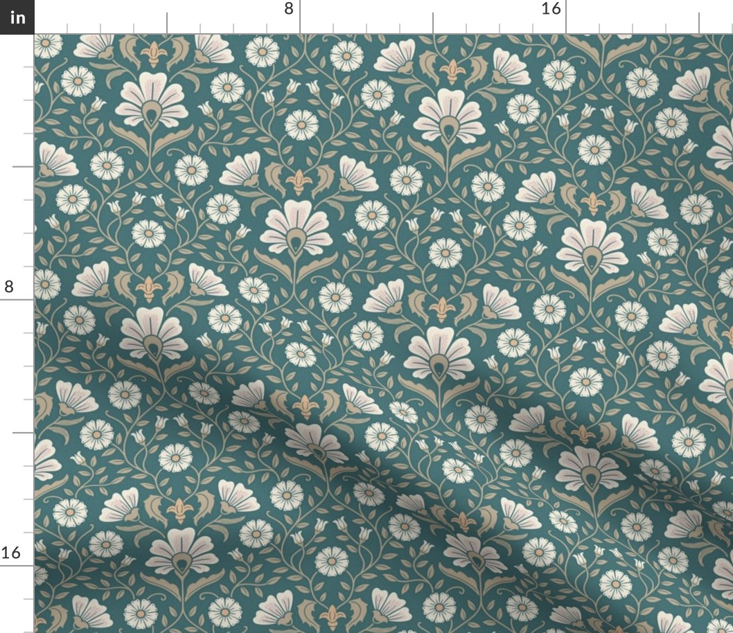 Welcoming vintage garden - arts and crafts style floral in cream, dusty peach and buff on marsh teal - small