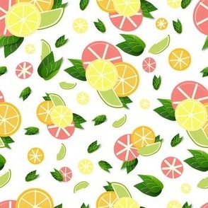 Pop of Citrus Fruit Lg Scale Oranges Lemons Limes Grapefruits Tossed Pattern - White