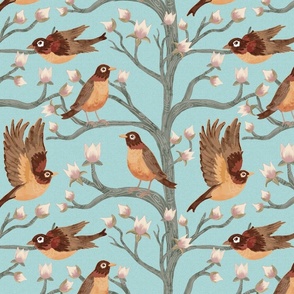 Robins in Magnolia Trees Grandmillennial Chinoiserie ✤ wintergreen sky linen
